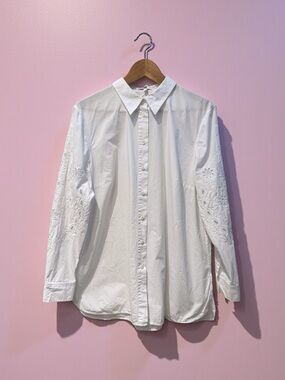 Escada Sport White Eyelet Embroidered Sleeve Shirt poplin blouse| Size 42